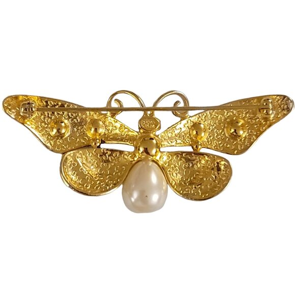 Joan Rivers Gold Tone Enamel Rhinestone Faux Pearl Butterfly Brooch, Signed K523 - Picture 5 of 9